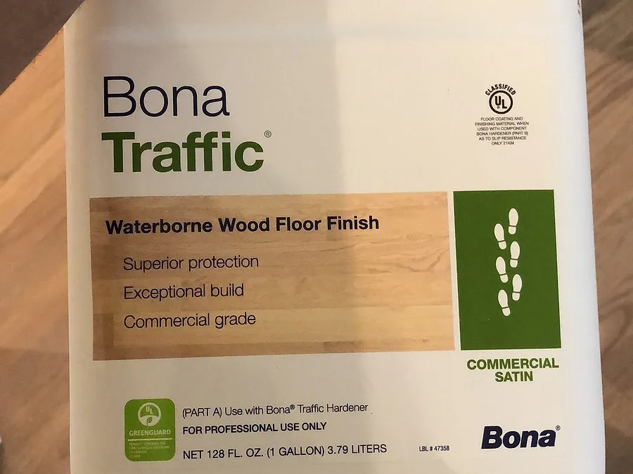 Gallon of Bona Traffic waterborne wood floor finish on the job